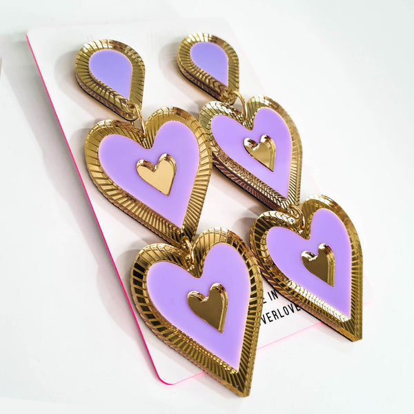 Heart shaped double drop Statement earring, Etched details in Gold Mirror. Lavender and Gold mirror, in colour, medium to large in size light weight on your ears. 