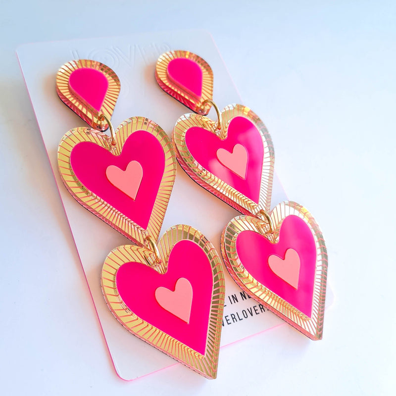 Heart shaped double drop Statement earring, Etched details in Gold Mirror. Pink, apricot and Gold mirror, in colour, medium to large in size light weight on your ears. 