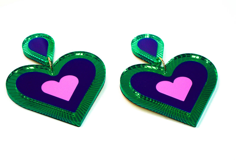 Heart shaped Statement earring, Etched details in Green Mirror. Green, navy, fuchsia in colour, medium size light weight on your ears.