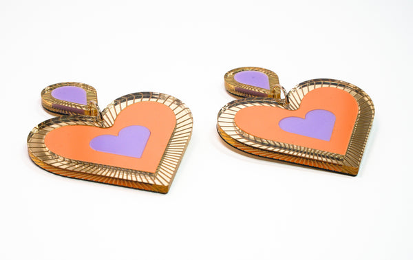Heart shaped Statement earring, Etched details in Gold Mirror, Peach, Gold, lavender in colour, medium size light weight on your ears.