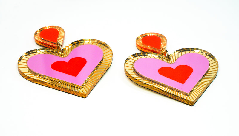Heart shaped Statement earring, Etched details in Gold Mirror, Fuchsia Gold Neon Red in colour, medium size light weight on your ears.