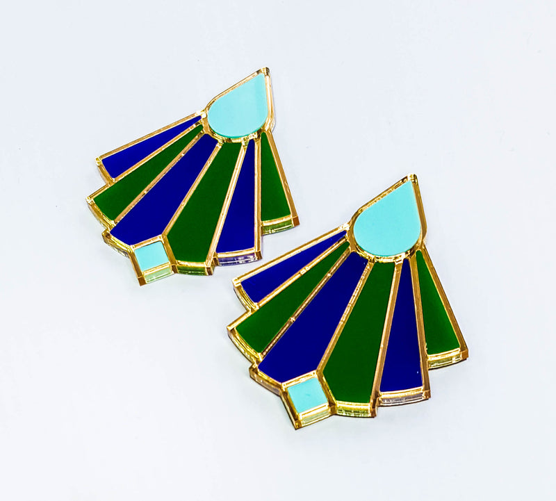 Deco style statement stud earring, Gold Mirror frame with Green, Navy, Pastel mint colours. Medium in size but light on the ear.   