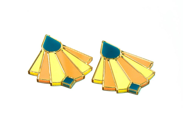 Deco style statement stud earring, Gold Mirror frame with lemon, peach and Turquoise colours. medium in size but still light on the ear. 