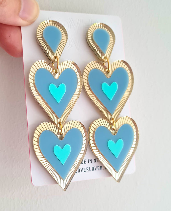 Heart shaped double drop Statement earring, Etched details in Gold Mirror. Duck-egg blue, pastel mint, Gold mirror in colour, medium to large in size light weight on your ears.