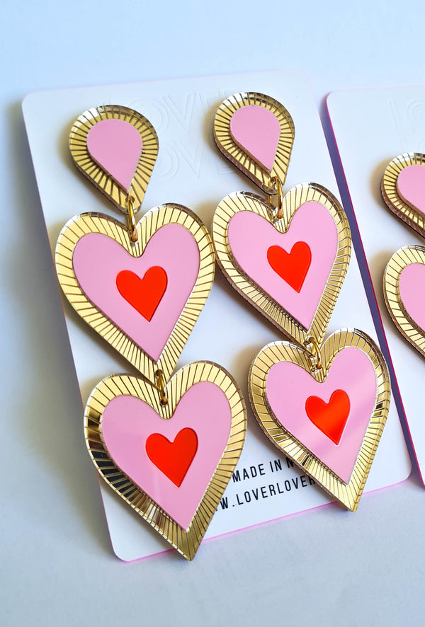 Heart shaped double drop Statement earring, Etched details in Gold Mirror. Pastel pink, Neon red and Gold mirror, in colour, medium to large in size light weight on your ears. 