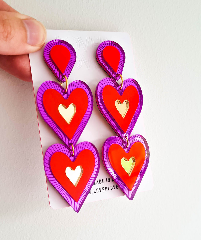 Heart shaped double drop Statement earring, Etched details in purple Mirror. Neon Red, Gold mirror, Purple mirror in colour, medium to large in size light weight on your ears.