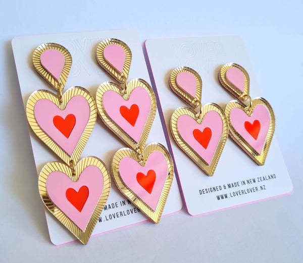 Heart shaped double drop Statement earring, Etched details in Gold Mirror. Pastel pink, Neon red and Gold mirror, in colour, medium to large in size light weight on your ears. Also available in single drop.