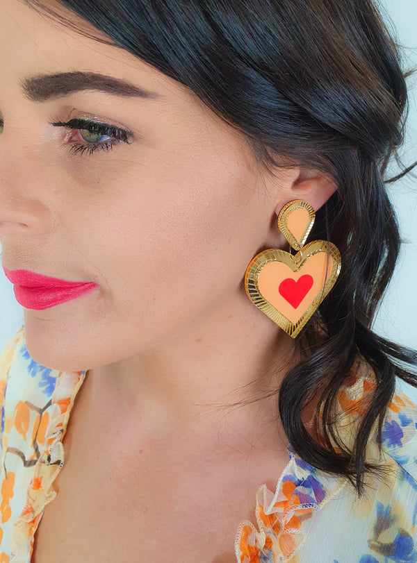 Heart shaped Statement earring, Etched details in Gold Mirror, Peach, Gold ,Neon Red in colour, medium size light weight on your ears.