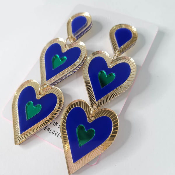 Heart shaped double drop Statement earring, Etched details in Gold Mirror. Blue, Green and Gold mirror in colour, medium to large in size light weight on your ears. 